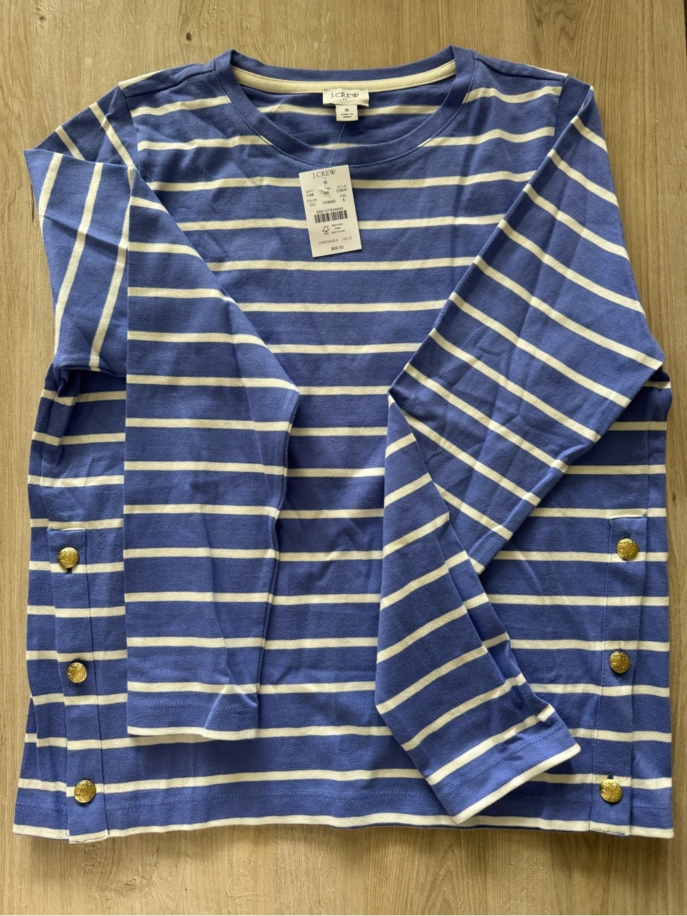 J. Crew Blue and White Striped Long-Sleeve Top with Gold Buttons